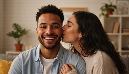 Obraz premium Woman kissing man on cheek in living room. Happy interracial couple showing affection at home on sofa