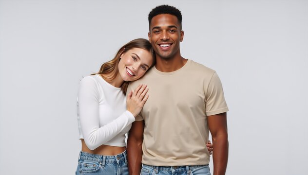 Interracial couple standing together against a neutral studio background. Happy young man and woman in a supportive relationship. Diversity and togetherness concept