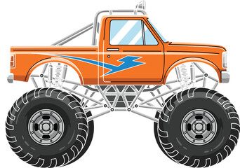 Orange monster truck illustration with large black tires and blue lightning bolt decal isolated on white background for off-road design © jannat