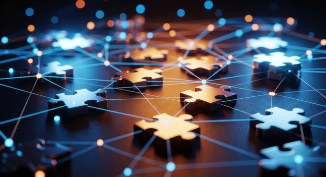 Interconnected puzzle pieces glowing with blue and orange light, forming a complex network on a dark background, symbolizing teamwork, problem-solving, and technological collaboration.