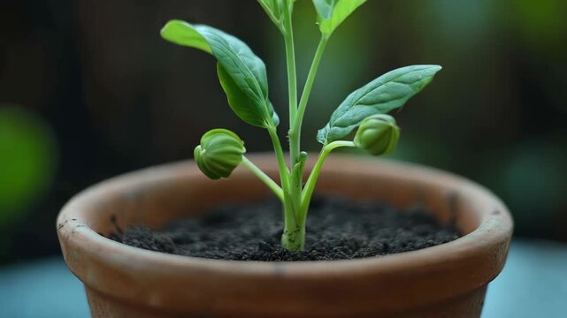 Fresh plant growth in a clay pot on a table with soft light from the window in a home setting