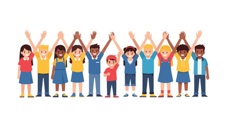 Fototapeta premium Diverse group of children standing in a line with raised hands in unity