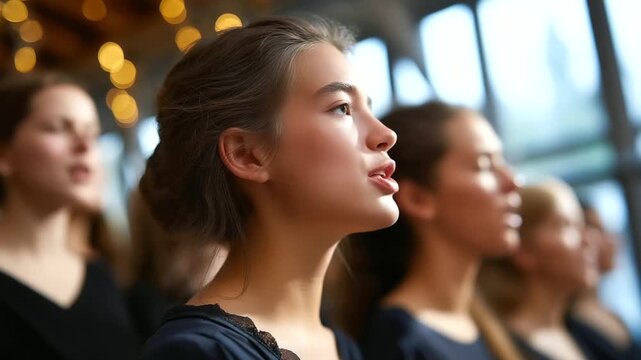 Choir singing passionately in beautifully lit hall with large windows, expressions reflecting intensity of performance, choral concert scene, musical performance moment, faceless