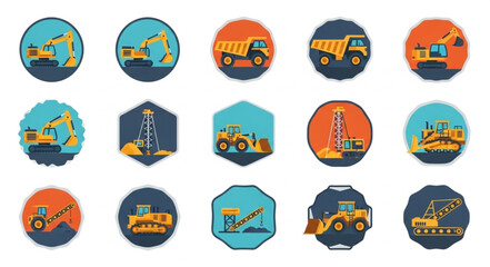 Collection of various construction vehicles in circular and polygonal shapes.