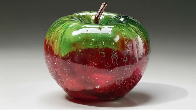 Glass apple sculpture shows detailed colors and patterns while resting on a plain surface in a well-lit setting