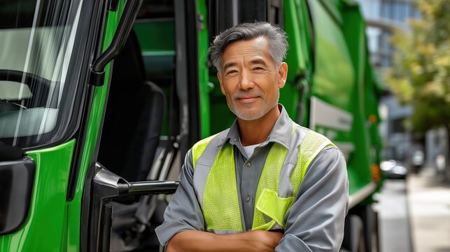 Senior Asian sanitation worker with arms crossed next to a garbage truck. Experienced waste management driver in high-visibility vest