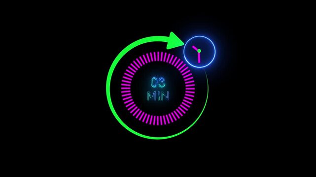 3 minute neon countdown timer with rotating progress bar and clock icon
