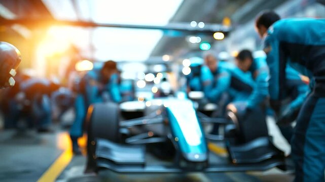 Dynamic pit stop scene with racing car surrounded by team in uniforms, readying vehicle in preparation for next lap, motorsport service moment, race team working, faceless crew