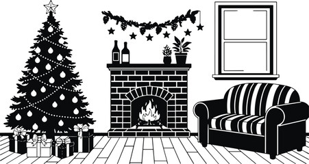 Black and white Christmas living room interior with decorated tree, fireplace, armchair and gifts, festive holiday home illustration isolated on light background