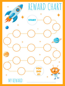 Step-by-step space chart for earning rewards for children featuring a rocket, an alien, and stars