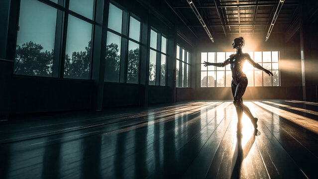 Humanoid Robot Ballerina Dancing on Stage Under Dramatic Spotlight - 16:9 Widescreen Futuristic Art and Technology Concept