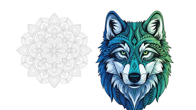 Intricate mandala pattern alongside colorful wolf head illustration combining animal spirit symbols with meditative geometric art for wellness.
