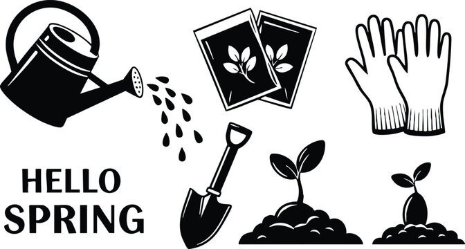 Black and white vector art of watering can pouring water seeds packets gloves shovel and sprouting plants with hello spring text minimal gardening icons set