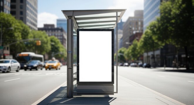 Busy city street with a bus stop shelter and blank advertising screen