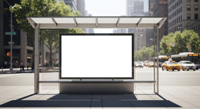 Wide digital billboard at a city bus stop shelter with traffic passing by
