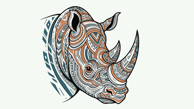 Colorful mandala style illustration of a rhinoceros head with complex patterns and textures in earthy and teal tones for art.