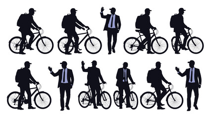Obraz premium Diverse collection of male silhouettes in business attire riding bicycles, walking, and waving representing urban commuting.