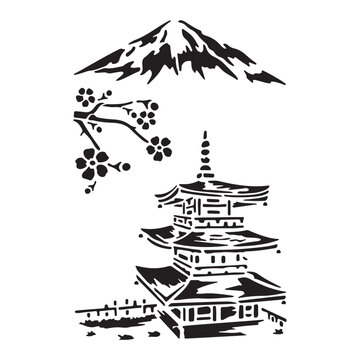Graphic Black and White Japanese Pagoda, Mount Fuji, and Cherry Branch Design