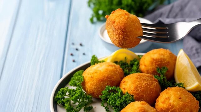 Golden fried croquettes garnished with fresh parsley and lemon wedges on a plate