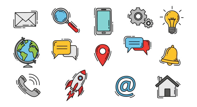 Collection of communication and business icons in doodle style.