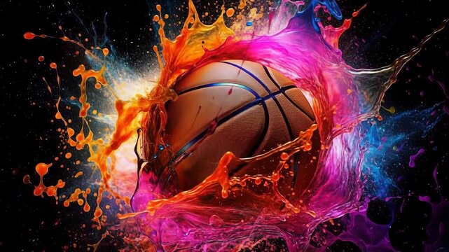 Basketball with Colorful Paint Splash Explosion