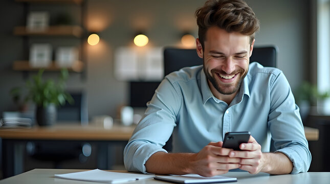 Smiling young Caucasian man using smartphone in modern office.