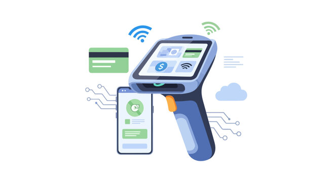 Mobile POS Scanner and Smartphone Integration Vector. Digital Retail Payment Processing, Wireless Transaction Technology, and Inventory Management System.
