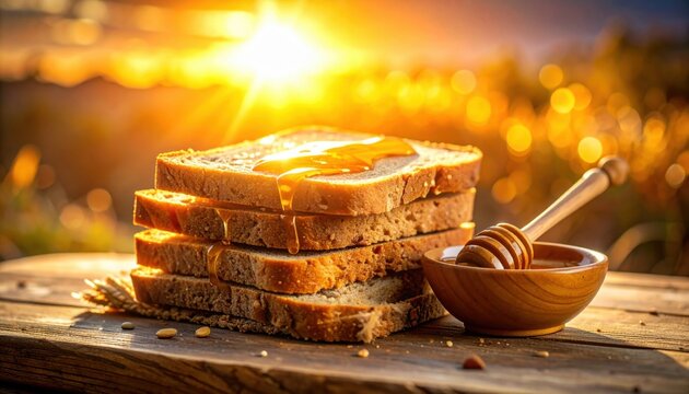 Golden Honey Drizzles onto Stacked Toasted Bread Slices Bathed in Warm Morning Sunlight