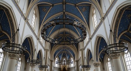 Ornate wooden pulpit and starry blue vaulted ceilings define the majestic Gothic Revival interior of this historic cathedral.