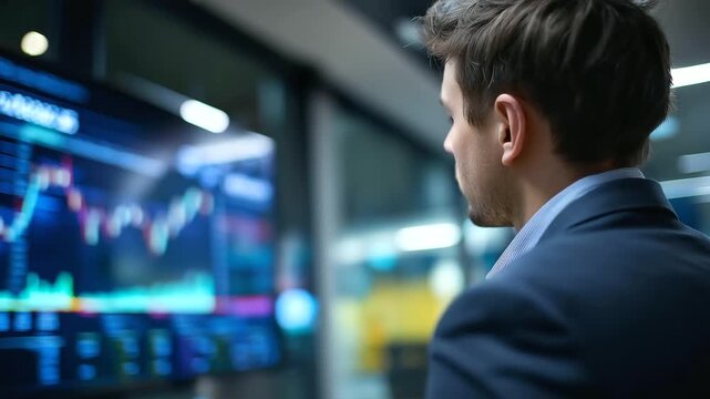 Defocused person from behind looking at large screen displaying colorful financial data and stock market graphs, blurred figure, with copy space
