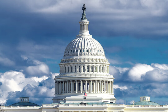 Close up view of US Capitol dome against dramatic sky in Washington DC