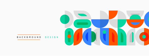 Abstract geometric shapes create vibrant background. Colors include blue, orange, green, teal. Minimalist design for modern projects.