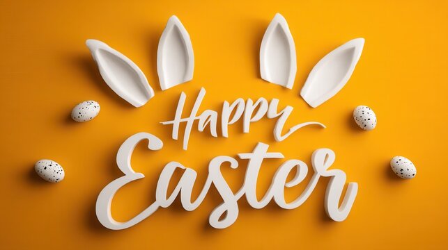 Bright orange Easter background featuring colorful decorated eggs and playful bunny ears, perfect for festive greeting cards and seasonal promotional materials.