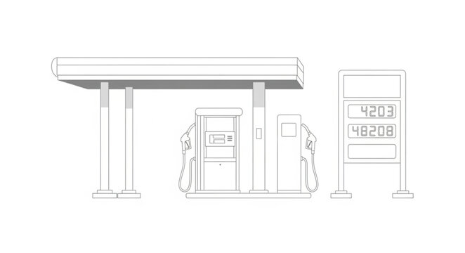 Gas station sketch with fuel pumps and price display, simple line art.