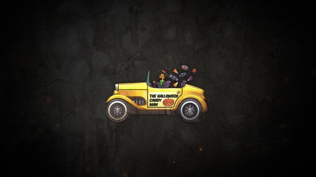 Yellow vintage car stylized for a festive Halloween candy map animation effect on black