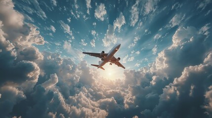 Naklejka premium A plane flying through the sky above the clouds