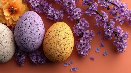 Obraz premium Three speckled eggs arranged with delicate flowers on a soft pink background, ideal for spring, Easter, or floral-themed designs.