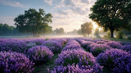 Obraz premium A field of lavender flowers with trees in the background