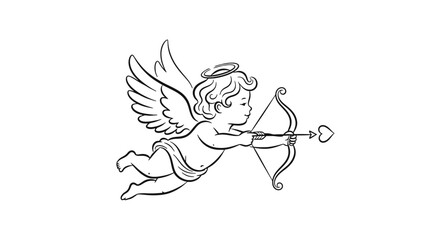 Naklejka premium Black and white illustration of a flying cherub with bow and arrow.