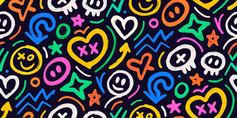 Fototapeta premium Colorful doodle pattern featuring smiling faces hearts and playful symbols