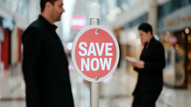 A sign saying Save Now stands in a busy shopping mall. Shoppers walk past various stores. The promotions aim to attract customers and increase sales during the season