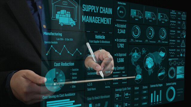 Illustrating a modern supply chain management system, this image showcases a digital interface filled with data analytics for logistics and cost reduction strategies. Cipher