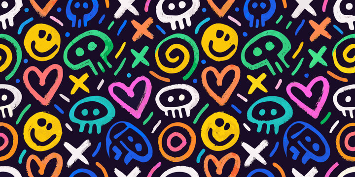 Colorful doodle pattern featuring smiley faces hearts and skull motifs