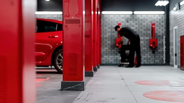 A technician works in an auto service diagnostic bay. The space has red service stations and tools ready for vehicle diagnostics and repairs. The focus is on the technician's tasks