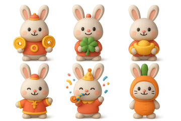 Naklejka premium Cute cartoon bunnies celebrating with lucky charms and festive elements