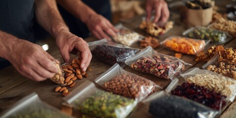 Obraz premium People sorting various nuts and dried fruits on a wooden table in a market