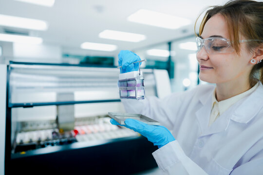 Histotechnologist inspecting stained tissue slides in metal rack after automated h&e staining process. Laboratory specialist validating hematoxylin and eosin dye quality.