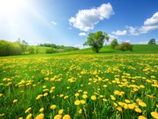 Obraz premium Green summer meadow with yellow flowers with sky, AI generated image