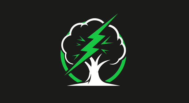 Green lightning bolt striking a stylized tree on black background