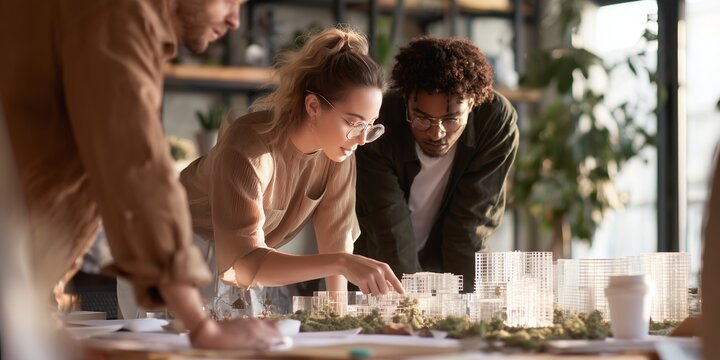 Group of people working on architecture models in a modern workspace at daytime